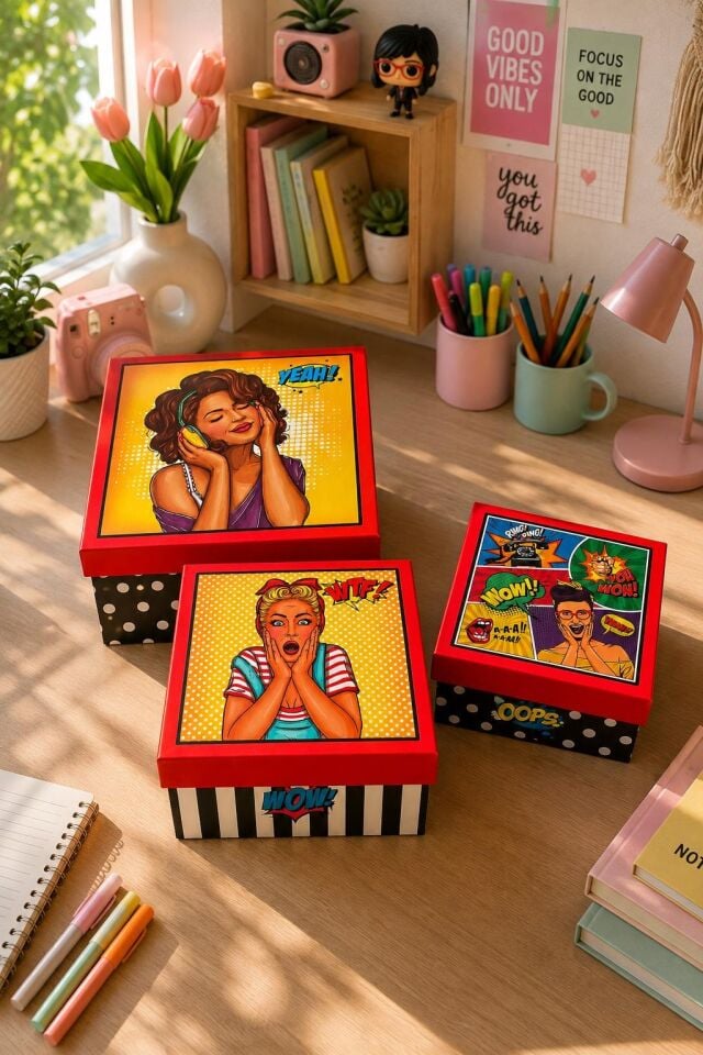 Kolix Hediyelik 3 'lü Dekoratif Kutu Pop Art Model Premium Paketleme Kutusu