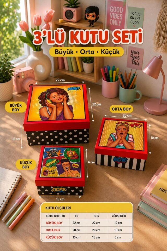 Kolix Hediyelik 3 'lü Dekoratif Kutu Pop Art Model Premium Paketleme Kutusu