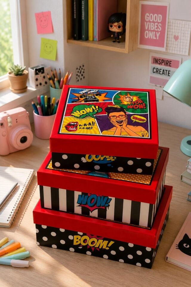 Kolix Hediyelik 3 'lü Dekoratif Kutu Pop Art Model Premium Paketleme Kutusu