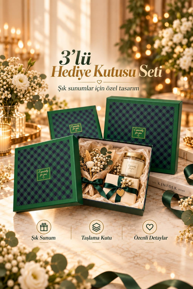 KOLİX Hediyelik 3'lü Dekoratif Kutu Yeşil-Siyah İskoç Desen Premium Paketleme Kutusu