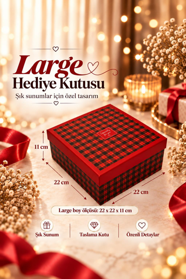 KOLİX Hediyelik 3'lü Dekoratif Kutu Kırmızı-Siyah İskoç Desen Premium Paketleme Kutusu