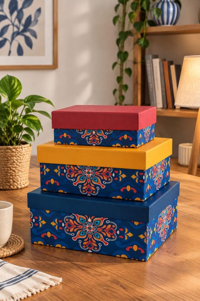 Kolix Hediyelik 3 'lü Dekoratif Kutu Etnik Model Premium Paketleme Kutusu