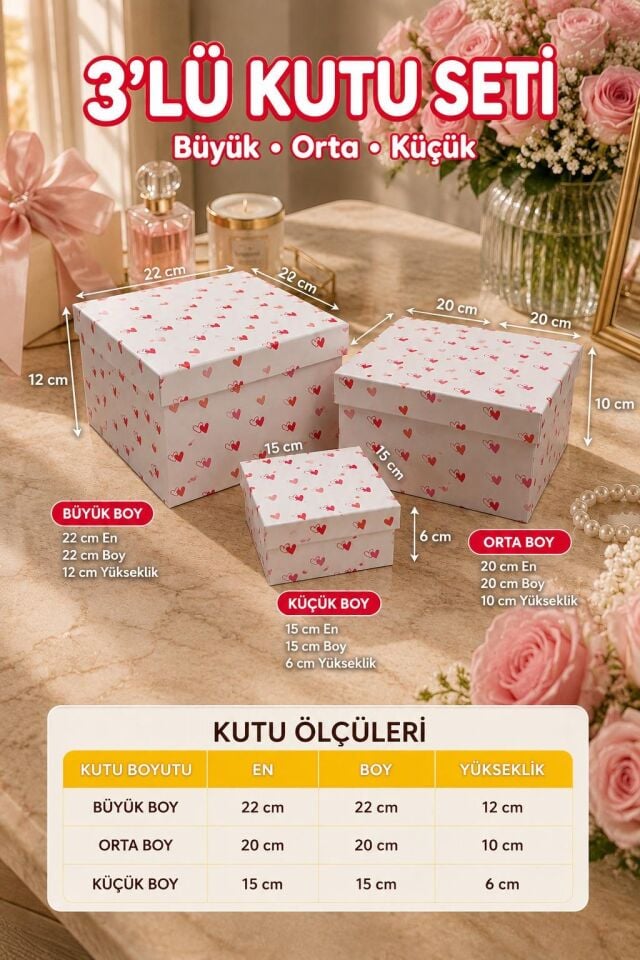 Kolix Hediyelik 3 'lü Dekoratif Kutu Kalp Model Premium Paketleme Kutusu