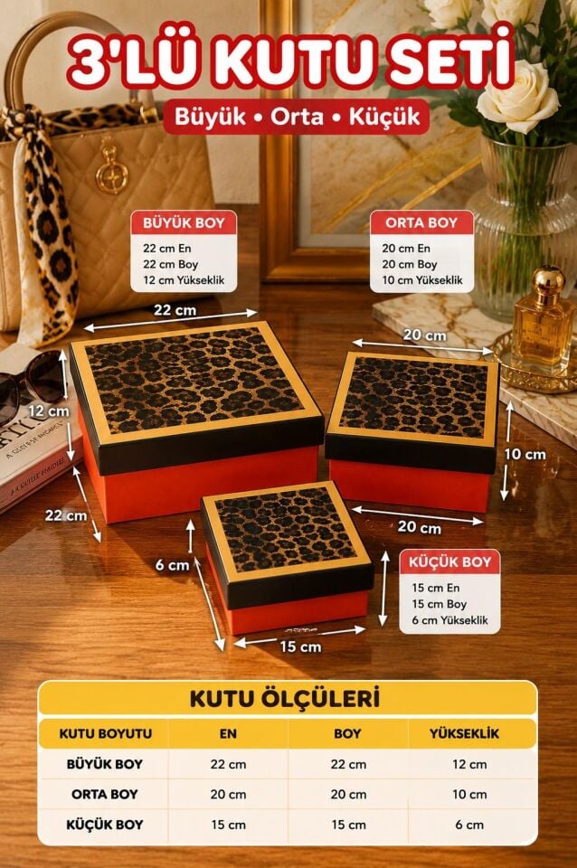 Kolix Hediyelik 3 'lü Dekoratif Kutu Leopar Model Premium Paketleme Kutusu