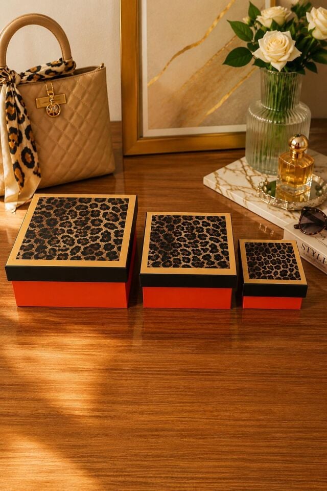 Kolix Hediyelik 3 'lü Dekoratif Kutu Leopar Model Premium Paketleme Kutusu