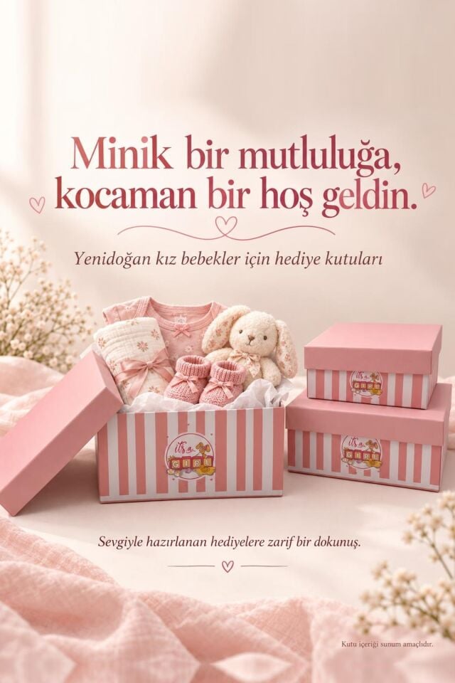 KOLİX 3'lü Set Kız Bebek Taslama Hediye Kutusu - Pembe Çizgili Baby Shower & Doğum Odası Sunum Kutusu