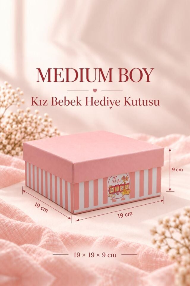 KOLİX 3'lü Set Kız Bebek Taslama Hediye Kutusu - Pembe Çizgili Baby Shower & Doğum Odası Sunum Kutusu