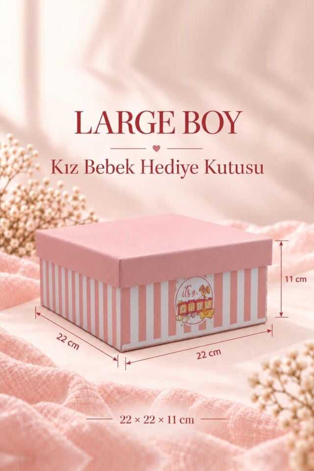 KOLİX 3'lü Set Kız Bebek Taslama Hediye Kutusu - Pembe Çizgili Baby Shower & Doğum Odası Sunum Kutusu