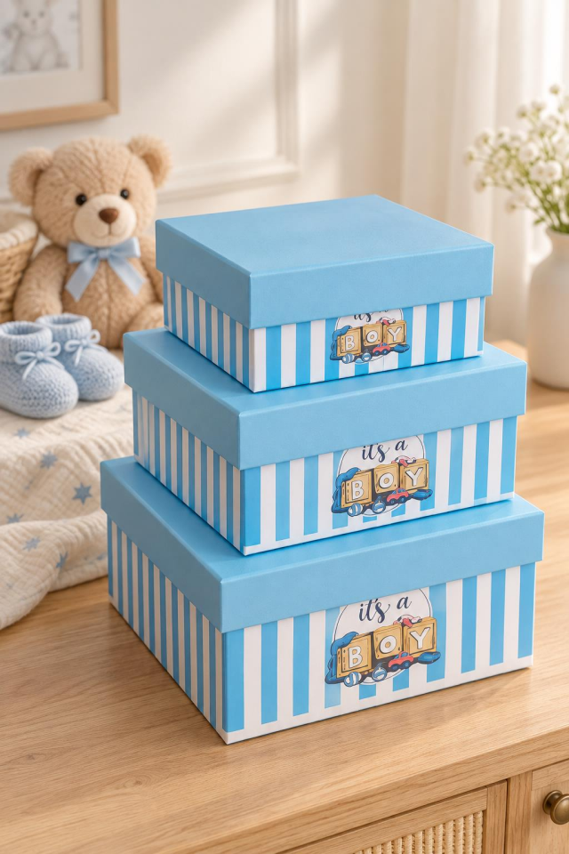 KOLIX 3'lü Set Erkek Bebek Taslama Hediye Kutusu - Mavi Çizgili Baby Shower & Doğum Odası Sunum Kutusu
