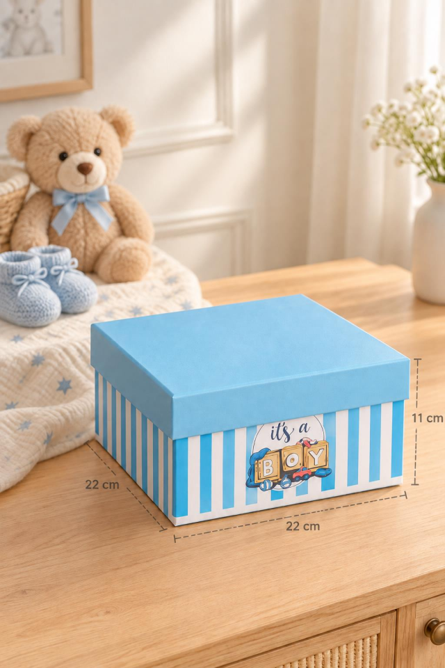 KOLIX 3'lü Set Erkek Bebek Taslama Hediye Kutusu - Mavi Çizgili Baby Shower & Doğum Odası Sunum Kutusu