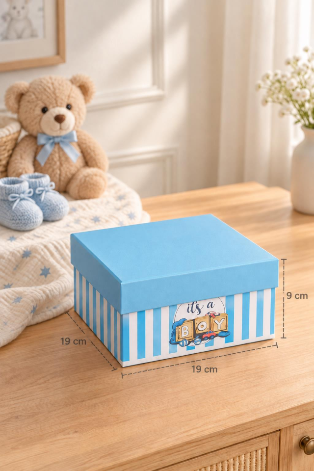 KOLIX 3'lü Set Erkek Bebek Taslama Hediye Kutusu - Mavi Çizgili Baby Shower & Doğum Odası Sunum Kutusu