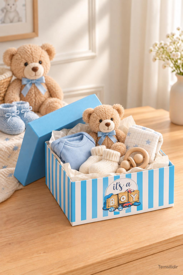 KOLIX 3'lü Set Erkek Bebek Taslama Hediye Kutusu - Mavi Çizgili Baby Shower & Doğum Odası Sunum Kutusu