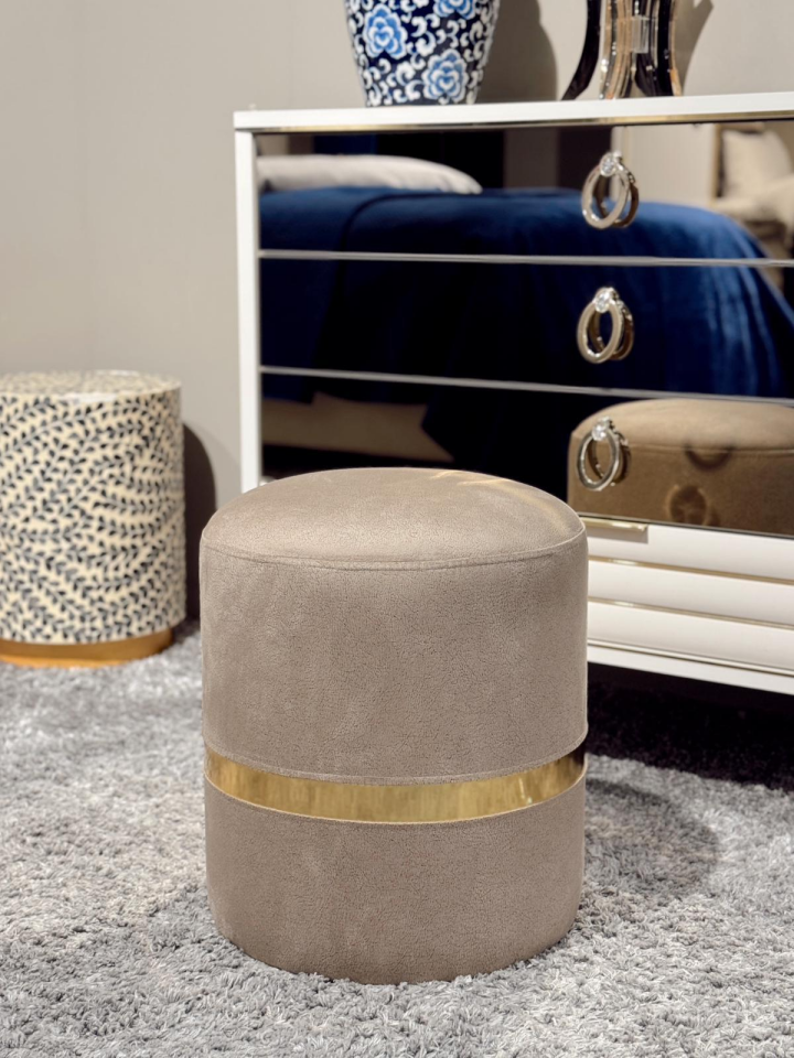 Crearthome Dekoratif Gold Detaylı Puf Tabure Makyaj Masası Pufu Bench Krem Vell Vizon