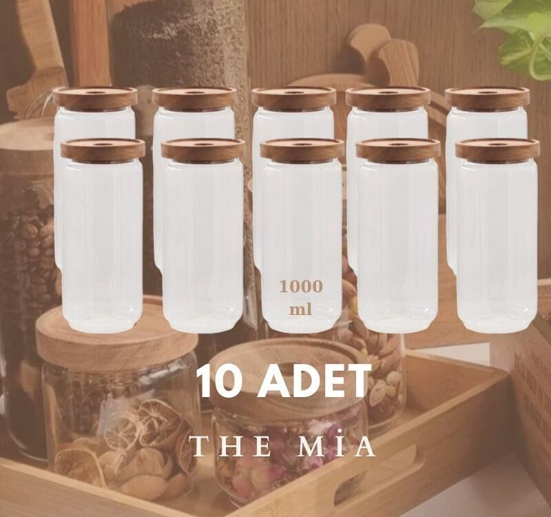 The Mia Ahşap Kapaklı 10 lu Büyük Boy Cam Saklama Kabı 1000 ml CAM0315