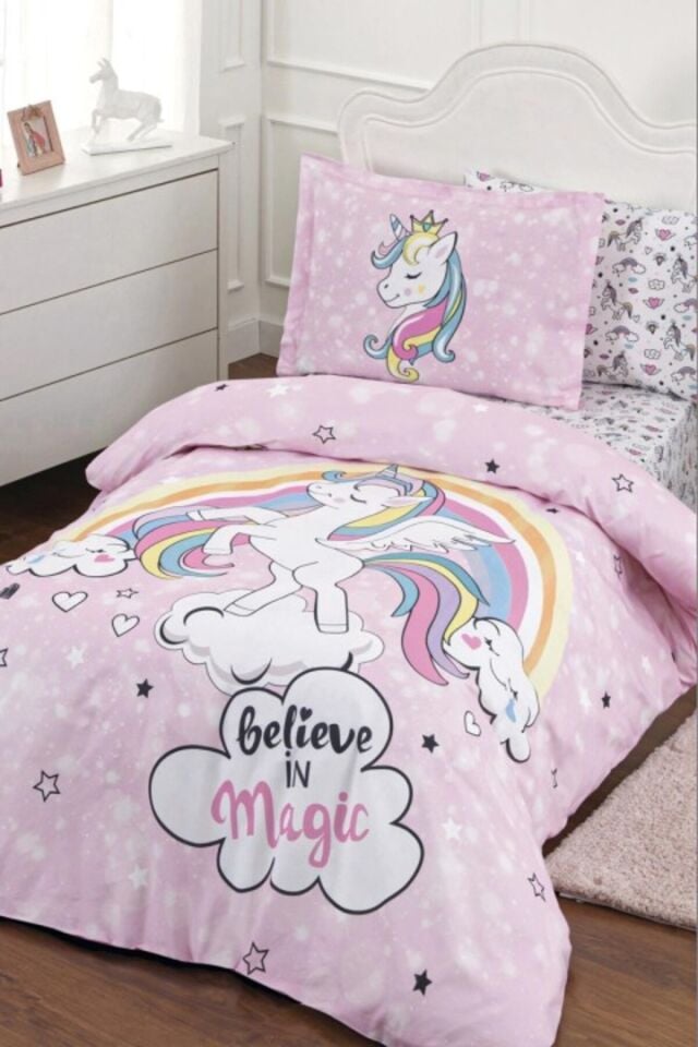 Özdilek Unicorn Ranforce Tek Kişilik Fitted Çarşaf Nevresim Takımı - Pembe
