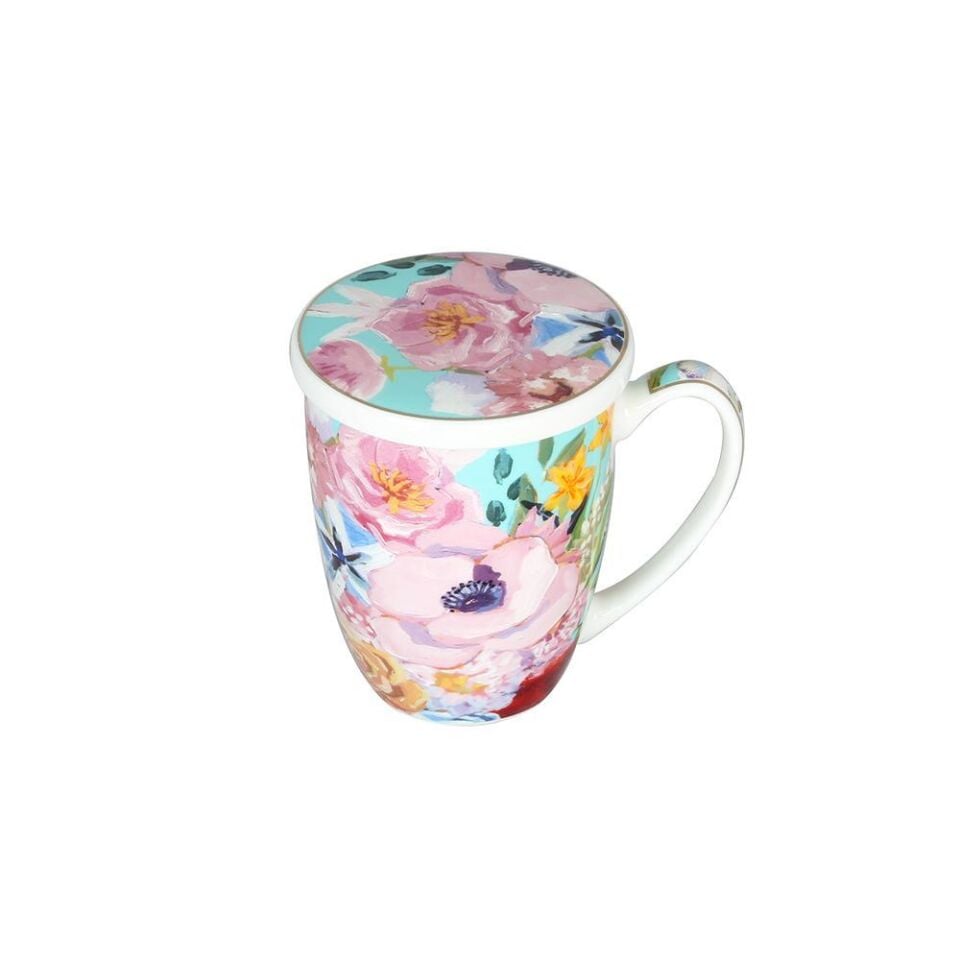 Lucky Art Peony Desenli Bone China Porselen Kapaklı ve Süzegçli Kupa 570 ml LYBA 045