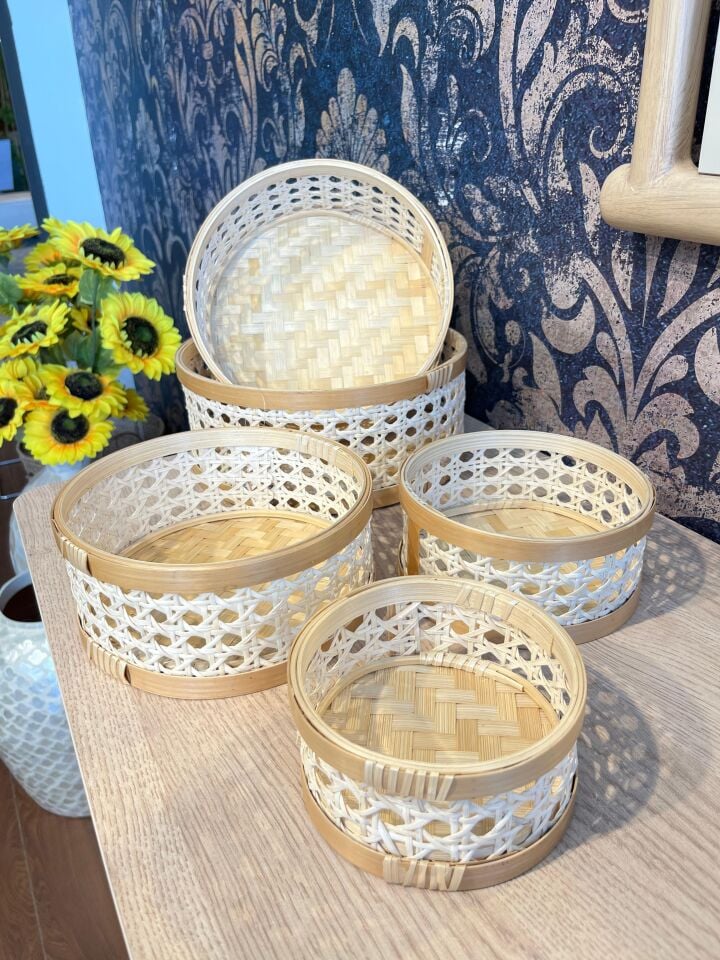 Evdema Çok Amaçlı Rattan Hazeranlı Krem 5'li Tepsi Seti AK.JJ0006