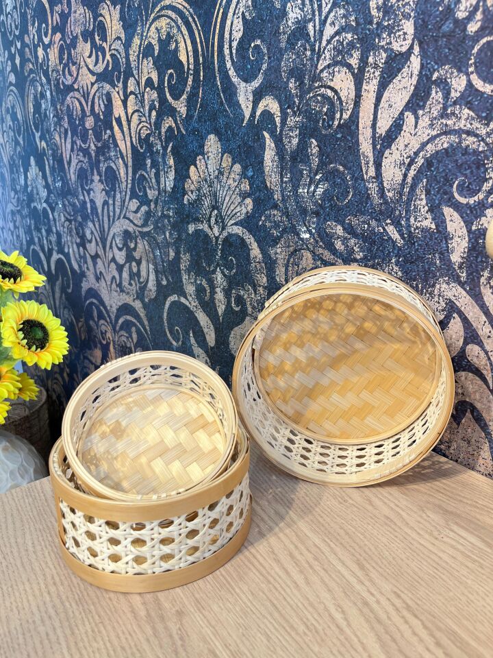 Evdema Çok Amaçlı Rattan Hazeranlı Krem 5'li Tepsi Seti AK.JJ0006