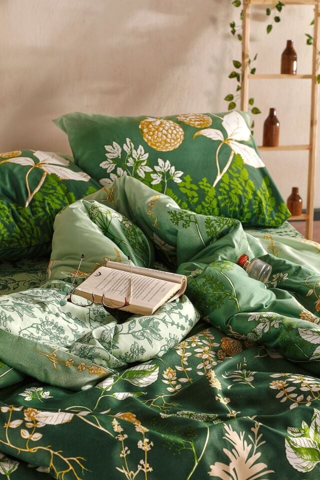 Doqu Home Saten Nevresim Takımı Rose Glow Çift Kişilik - Yeşil