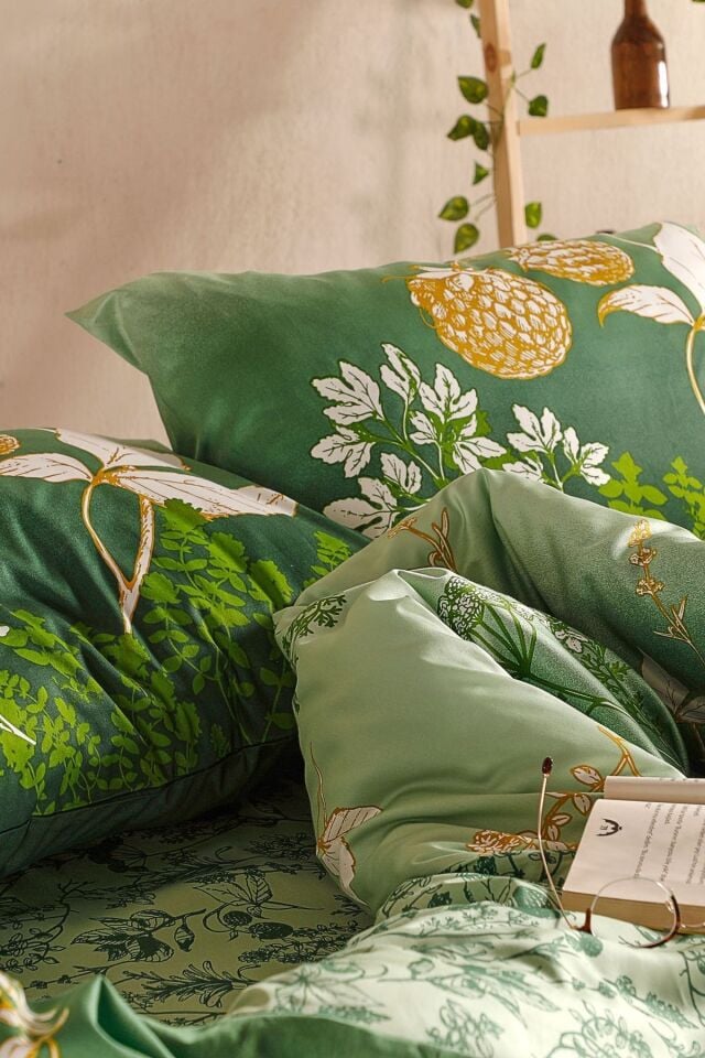 Doqu Home Saten Nevresim Takımı Rose Glow Çift Kişilik - Yeşil