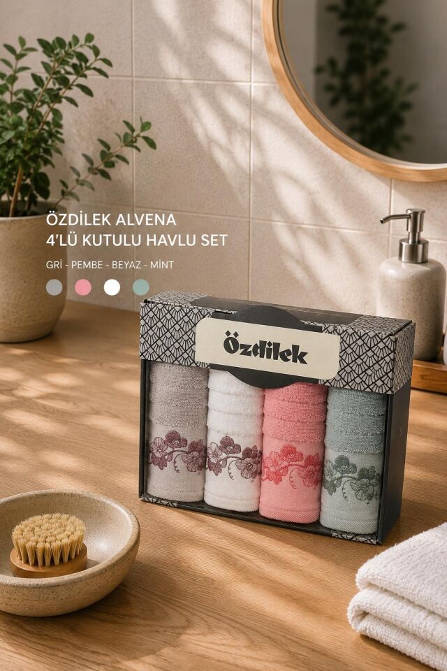 Özdilek El ve Yüz Havlusu 4 lü Kutulu Alvena Gri Pembe Beyaz Mint