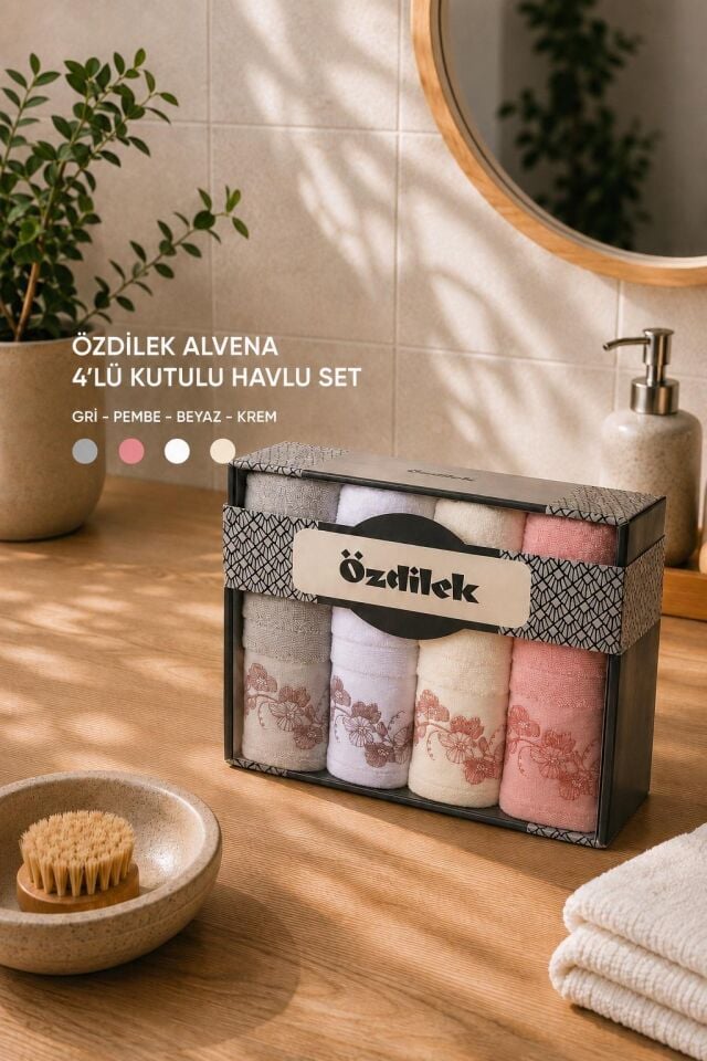 Özdilek El ve Yüz Havlusu 4 lü Kutulu Alvena Gri Pembe Beyaz Krem