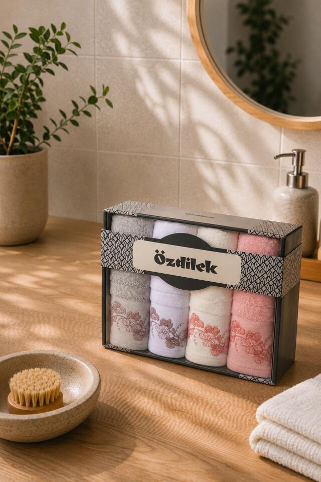 Özdilek El ve Yüz Havlusu 4 lü Kutulu Alvena Gri Pembe Beyaz Krem
