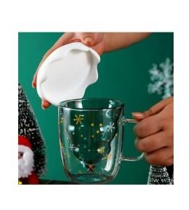 Linanware Çift Camlı Cidarlı Cam Bardak, Yeni Yıl Çam Ağacı Tasarımlı Kapaklı Kupa 250ML DC154
