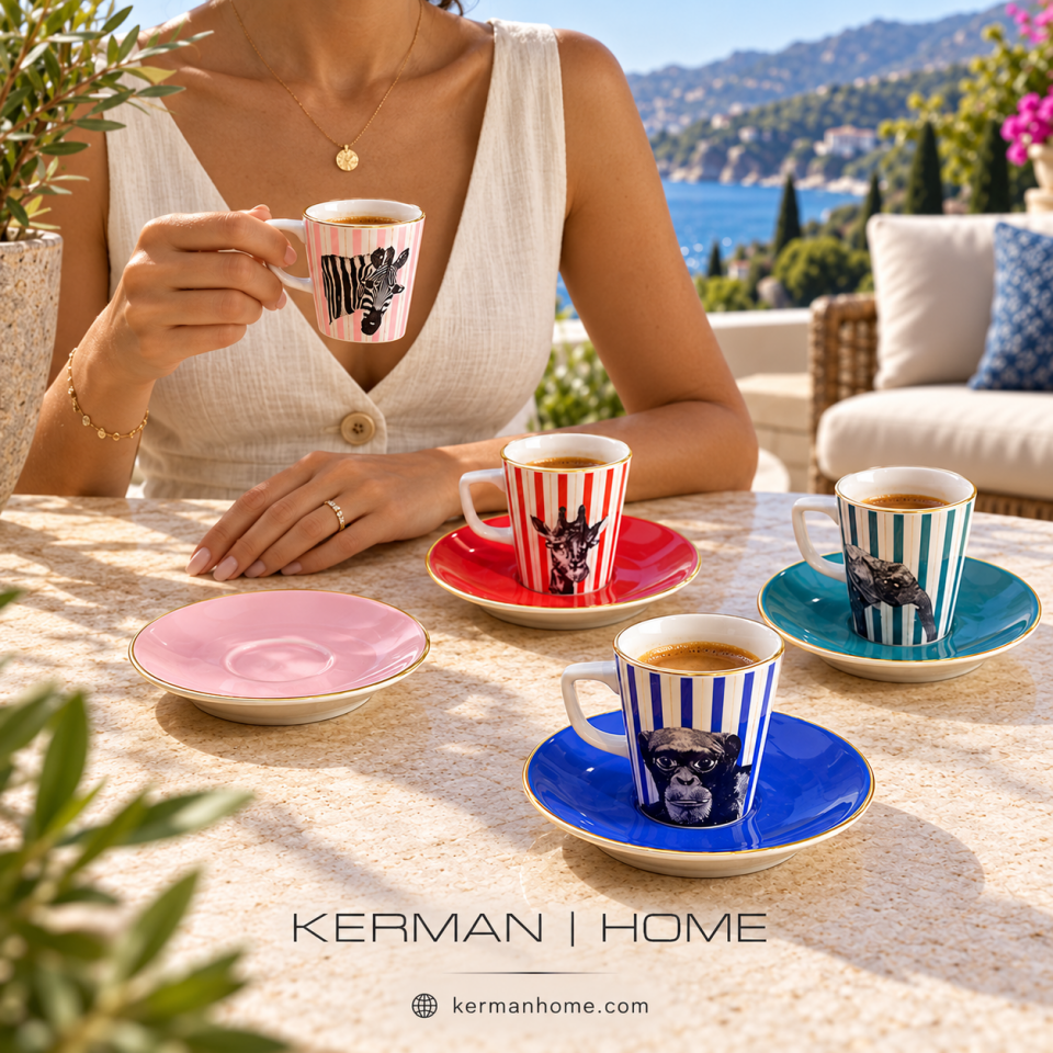 Porland Wild Life 8 Parça Kahve Takımı - 04ALM006718 | Renkli Desenli Fincan Seti