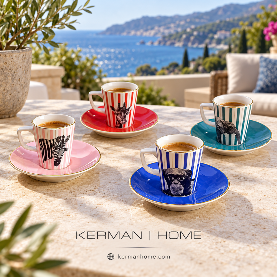 Porland Wild Life 8 Parça Kahve Takımı - 04ALM006718 | Renkli Desenli Fincan Seti