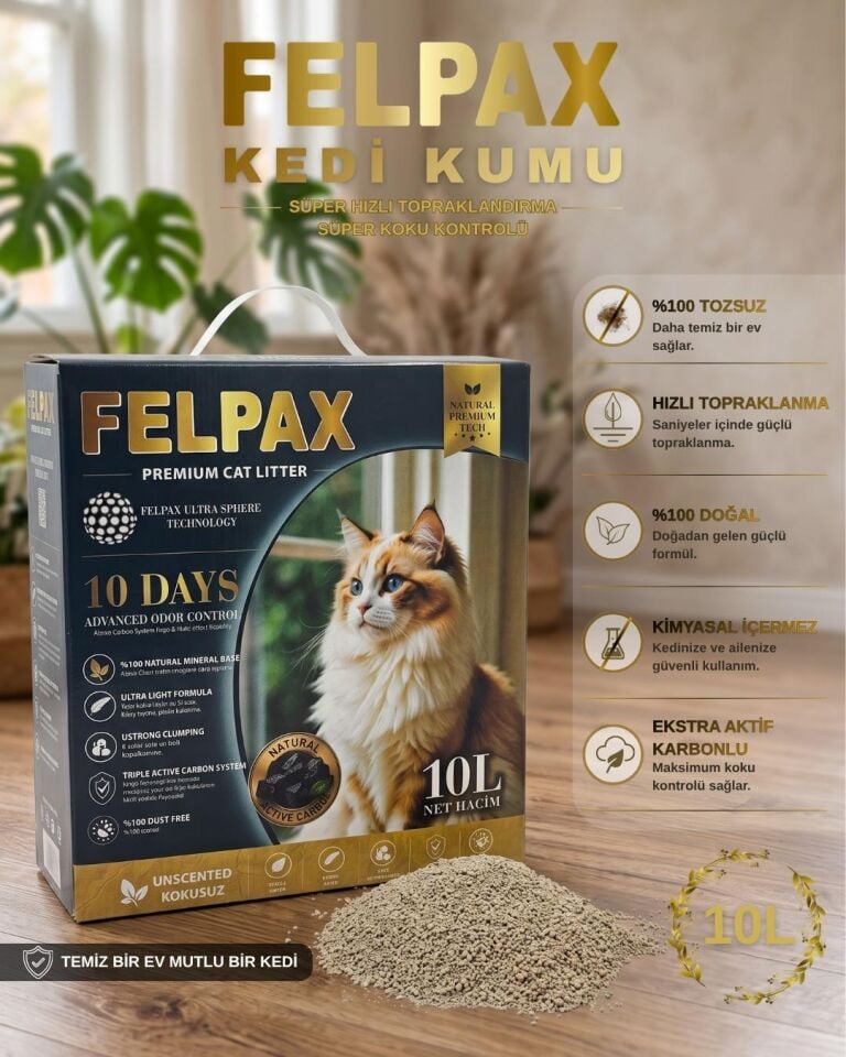 Felpax %100 Tozsuz Premium Aktif Karbonlu Hızlı Topaklanan Kedi Kumu 10 Litre
