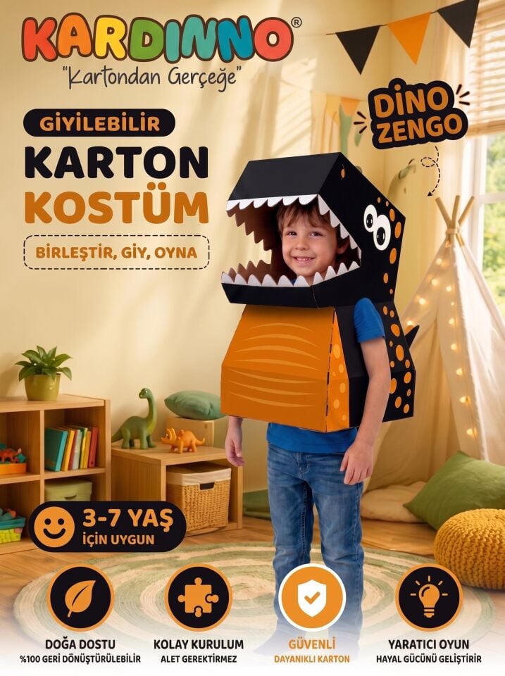 Kardinno Dino Zengo Eğitici Oyuncak Karton Giyilebilir Çocuk Kostümü Etkinlik Parti Kostümü