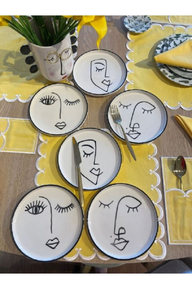 Face Pasta Seti Face Seramik 6 Lı Pasta Tabağı 20 cm Yüz Desenli Seramik Pasta Tabağı