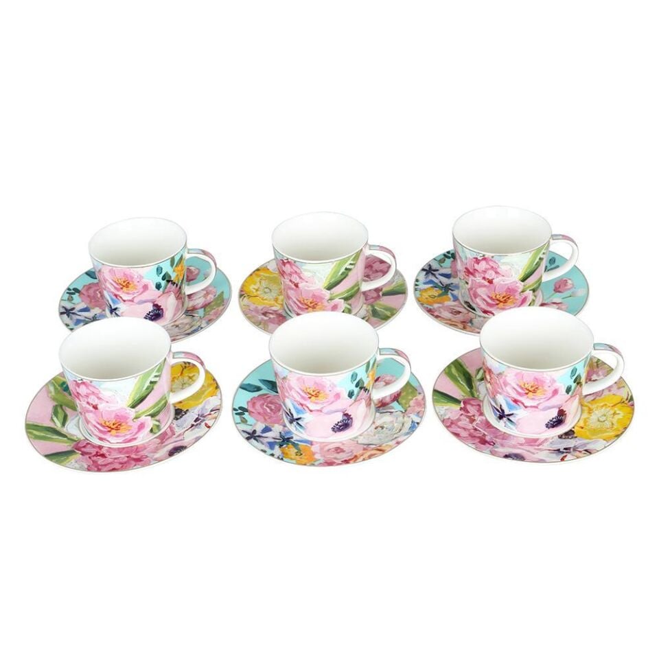 Luckyart Peony Desenli 6 lı Bone China Porselen Çay Fincanı seti 220 ml LYBA037