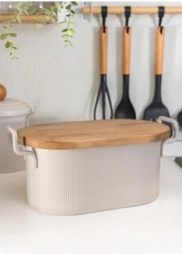 The Mia Stripe Ahşap Kapaklı Ekmek Saklama Kutusu Bej 40x22x18 CM  STP0020