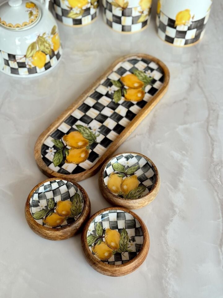 Crearthome Linda 4 lü Çerezlik Seti Mango Ağacı Servis Sunum Tabağı Limon Desen MİSS9663-43