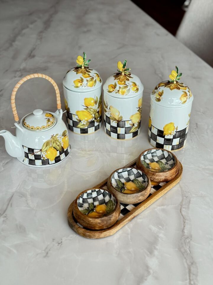 Crearthome Linda 4 lü Çerezlik Seti Mango Ağacı Servis Sunum Tabağı Limon Desen MİSS9663-43