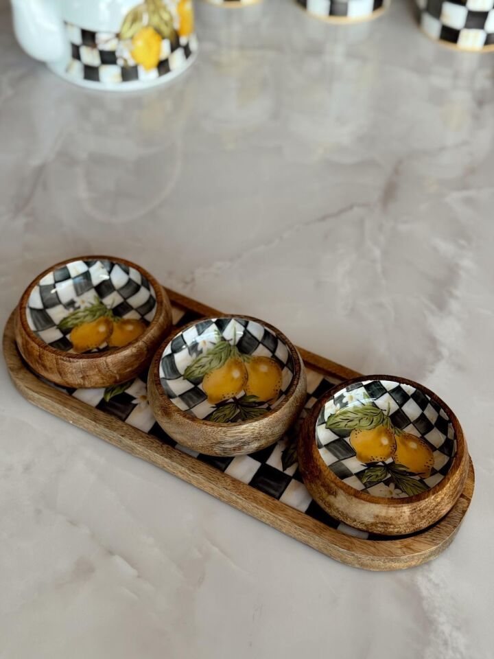 Crearthome Linda 4 lü Çerezlik Seti Mango Ağacı Servis Sunum Tabağı Limon Desen MİSS9663-43