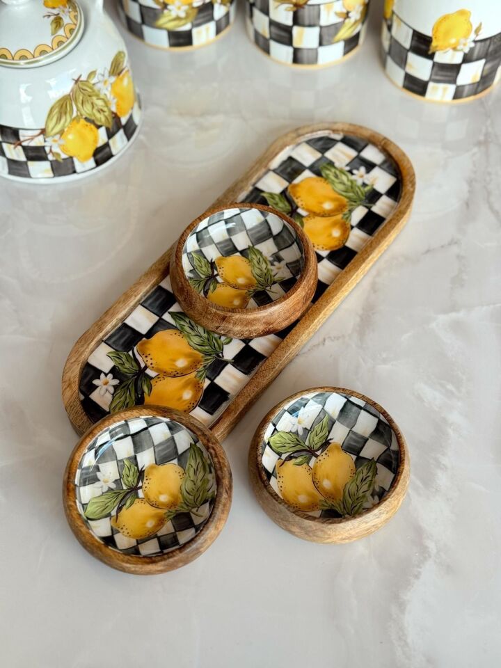Crearthome Linda 4 lü Çerezlik Seti Mango Ağacı Servis Sunum Tabağı Limon Desen MİSS9663-43