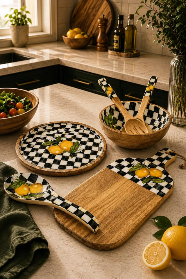 CREARTHOME Linda 7 Parça Ahşap Sunum Seti Limon Desenli Sofra ve Servis Seti