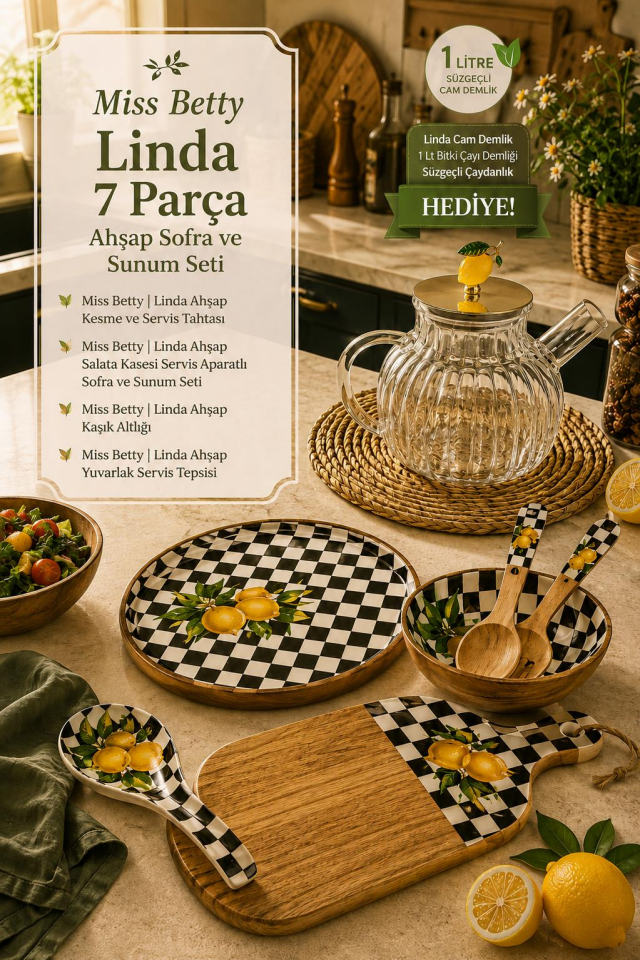 CREARTHOME Linda 7 Parça Ahşap Sunum Seti Limon Desenli Sofra ve Servis Seti