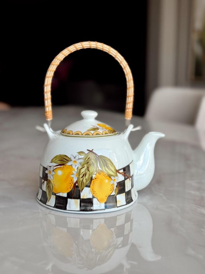 Crearthome Linda Hasır Saplı Porselen Demlik Bitki Çayı Demliği Limon Desen