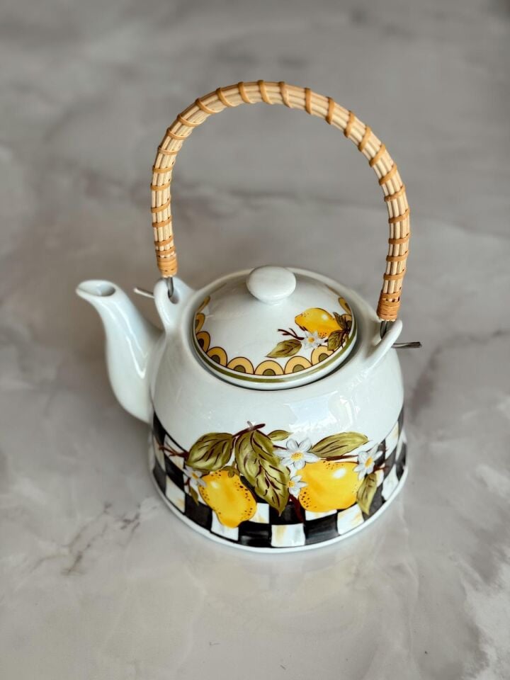 Crearthome Linda Hasır Saplı Porselen Demlik Bitki Çayı Demliği Limon Desen